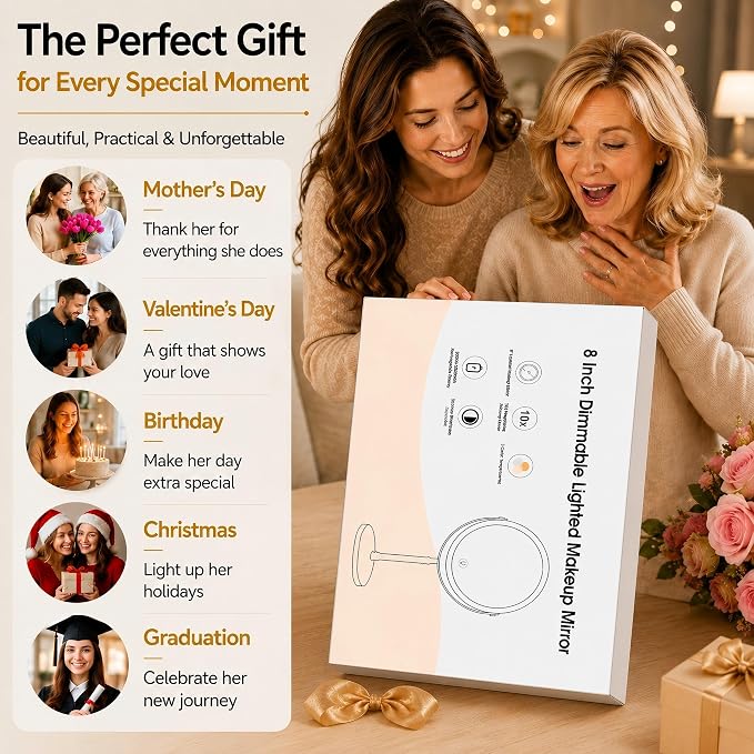 DEIOVWXS Makeup Mirror, Rechargeable Vanity Mirror with 3 Lights, 1X/10X | Adjustable Brightness, 3000mAh, Double-Sided, Gift for Mom, Women, Wife, Girls, Dorm Room Essential