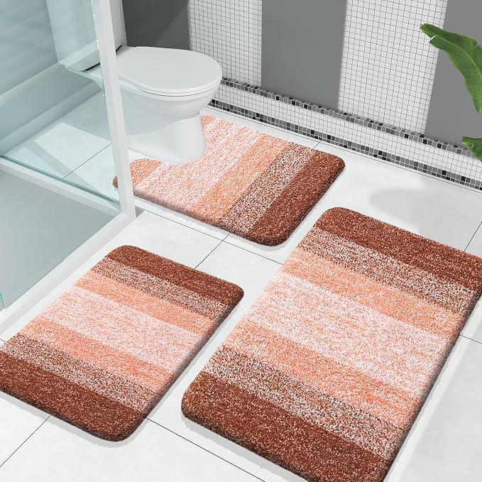 OLANLY Microfiber Bathroom Rugs Sets 3 Piece, 30"x20"+24"x16"+24"x20" | Orange, Soft Absorbent Bath Mats and U-Shaped Contour Toilet Rug, Machine Wash Dry, Plush Shaggy Bath Mat Set for Bathroom