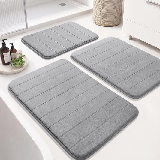 Yimobra Memory Foam Bath Mat Set 3 Pieces- Super Soft Absorbent Quick Dry Bathroom Rug Sets, Machine Washable Non Slip Floor Carpet for Tub Shower, Vanity & Toilet Base, Gray