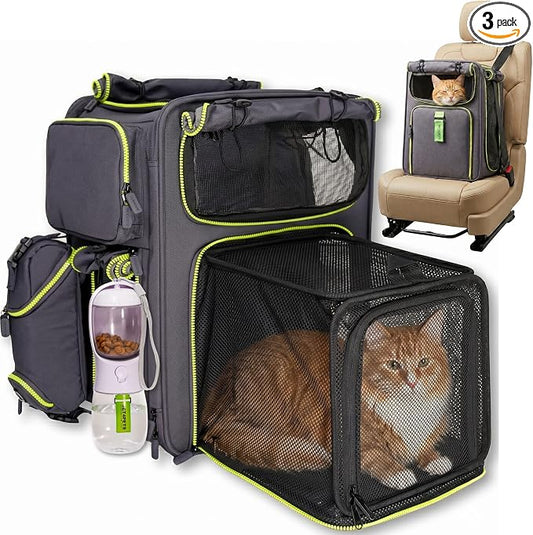 Premium Expandable Cat Carrier Backpack with Car Seat Belt Safety System – Rigid Frame Pet Carrier Backpack for Cats & Small Dogs up to 25 lbs – Breathable, Durable – Includes Bottle & Feeding Bowl