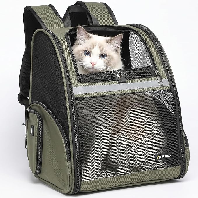Cat Backpack Carrier for Small Dogs and Medium cat Puppy Kitten Bunny Pet Carrier Backpack Collapsible with Fully Ventilated Mesh with Safety Leash (DarkGreen, 12.9" L x 10.62" W x 15.5" H - M)