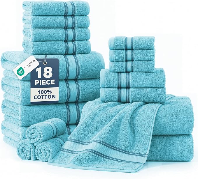 LANE LINEN Bath Towel Set 100% Cotton 18 Piece Soft Absorbent - Blue | Towel Pack -, Terry Weave Comfort, Long-Lasting Comfort, Hotel-Style Look, Gets Softer With Every Wash