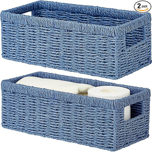 Vagusicc Wicker Storage Basket, Paper Rope Wicker Baskets with Handles, Toilet Paper Basket for Toilet Tank Top, Small Wicke Baskets for Organizing Shelves, 2-Pack, Blue