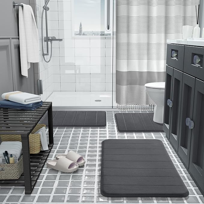 Yimobra Memory Foam Bath Mat, Super Soft Absorbent Bathroom Rug Non Slip, Quick Dry, Machine Washable Floor Carpet for Tub Shower, Home Decor Accessories, 24x17, Dark Gray
