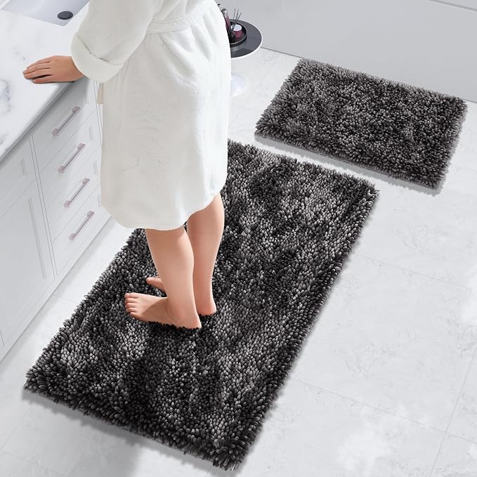 Yimobra Bathroom Rug Set 2 Piece, Luxury Shaggy Bath Mat Set with Non Slip Backing, Ultra Soft & Absorbent Mats for Bathroom Floor, Machine Washable, 44"x24"+24"x17", Dark Grey
