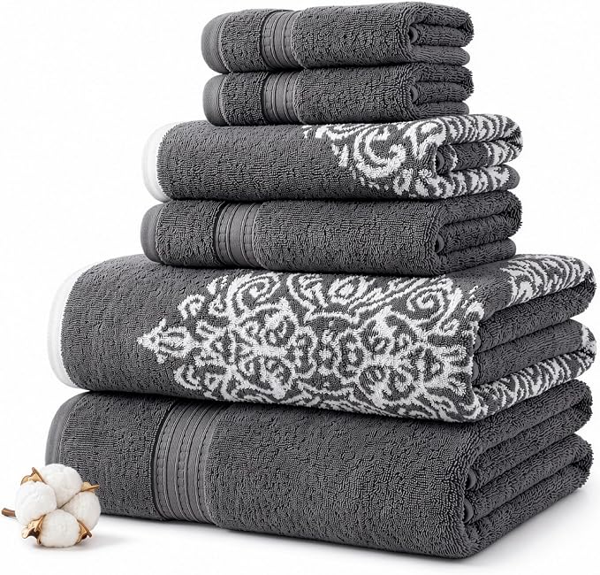 Modern Threads 6-Piece 100% Cotton Damask Medallion Towel Set, Charcoal | Highly Absorbent, Soft & Plush, Quick-Drying, 550 GSM, Color-Rich Yarn-Dyed Design, OEKO-TEX Certified