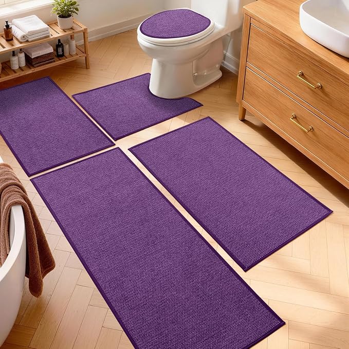 Purple Bathroom Rugs Sets 5 Piece, Quick Dry Thin Bath Mat with Toilet Rug - Non Slip Absorbent Machine Washable - Bath Runner Rugs for Bathtub Sink Home Decor