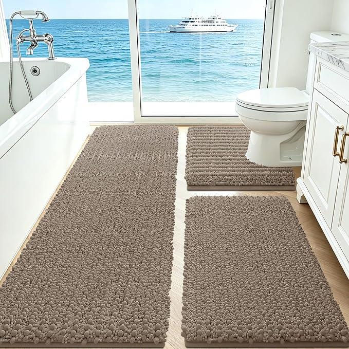 ACCUMTEK Upgrade Extra Large Dark Beige Bathroom Rug Set 3 Pieces Gray Ultra Soft, Thick Absorbent Bath Mats, Non Slip Chenille Toilet Mat Bathroom, Bedroom, Kitchen, Taupe