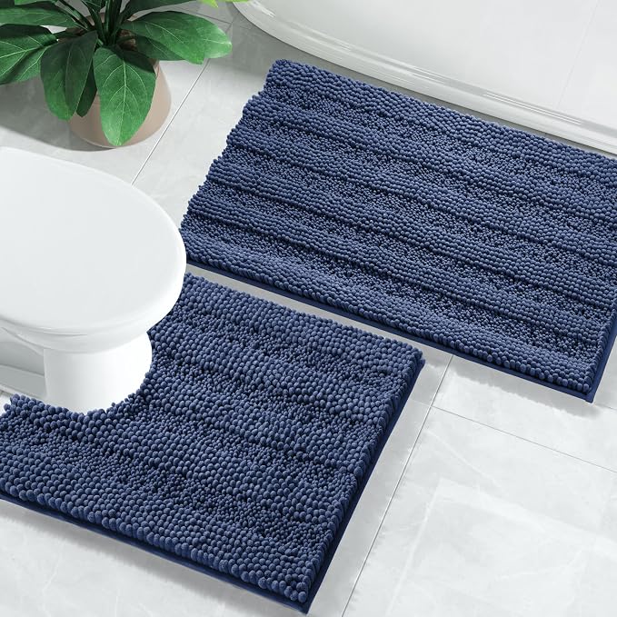 Yimobra U Shaped Toilet Rug Set, Absorbent Chenille, 24x17+24x20, Navy Blue | Non Slip Machine Washable Quick Dry Bath Mat Set, Soft Plush Shower Rugs for Bathroom Floor Sink Tub and Shower Outside