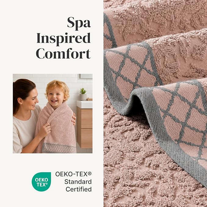 Modern Threads 6 Piece Cotton Bath Towel Set – Ultra Soft 550 GSM Towels – Bathroom Set with Hand Towels and Washcloths – Diamond Border (Blush)