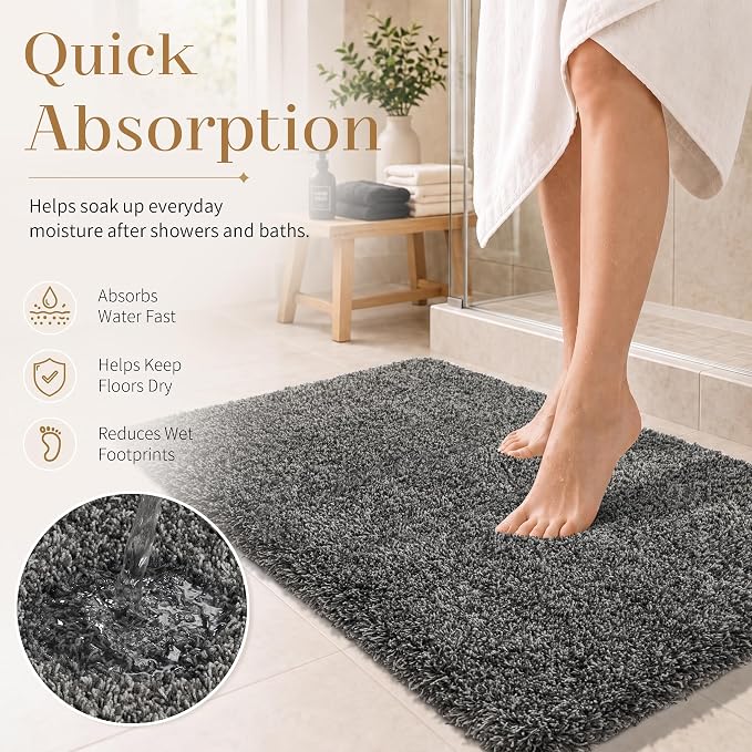 Yimobra Luxury Bathroom Rugs, Fluffy Bath Mats, Non Slip, Water Absorbent Microfiber, Machine Washable, Plush Shower Rugs, Thick Matts for Bathroom Floor/Tub, 44" X 24", Light Gray and Black Gray