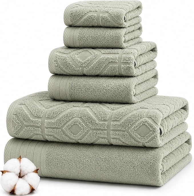 Modern Threads 6 Piece Cotton Bath Towel Set – Ultra Soft 550 GSM Towels – Bathroom Set with Hand Towels and Washcloths – Geometric (Soft Olive)