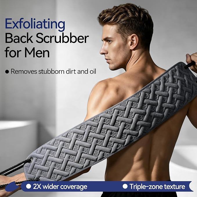 Back Scrubber for Shower for Men, 2X Wider 38.5" Double-Sided Back Washer | Bath Sponge Loofah with Handles, Washcloth Towel for Men& Women Deep Skin Cleansing, Gently Exfoliate & Cleanse Body Scrub