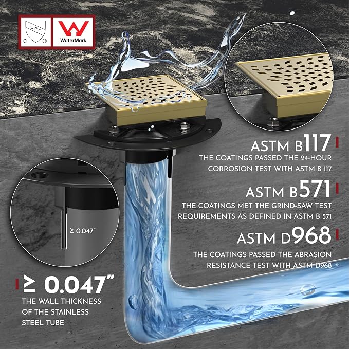 WEBANG 4 Inch Square Shower Drain Gold Floor Drain with Flange Wave-Hole Pattern Cover Grate Removable SUS304 Stainless Steel Watermark&CUPC Certified Brushed Gold