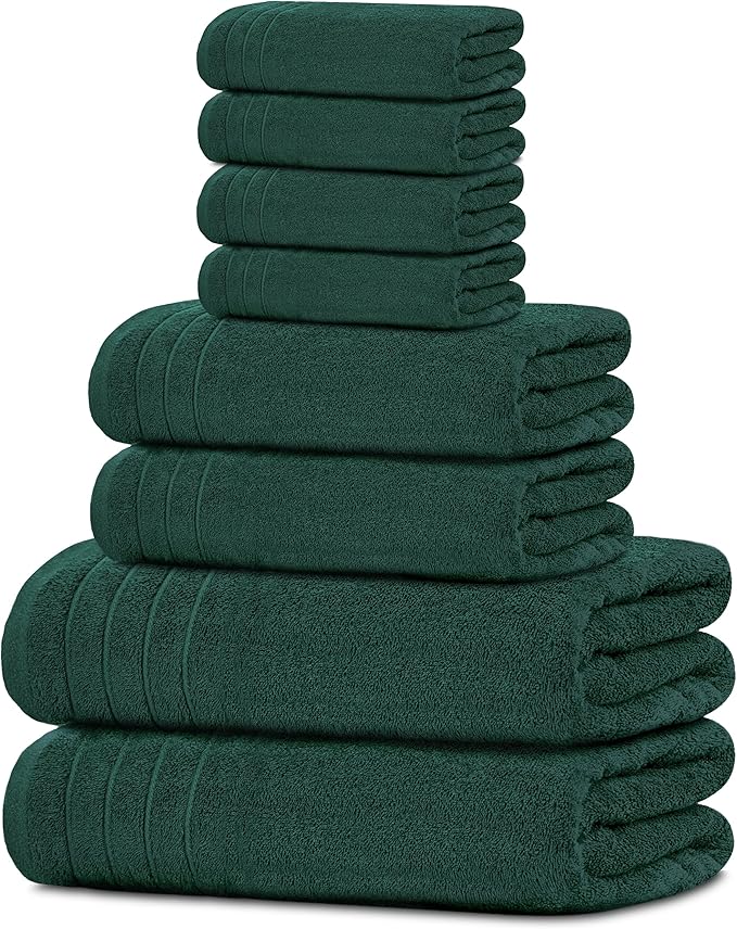 8 Piece Towel Set, 2 XL Bath, 2 Hand, 4 Washcloth, Hunter Green | 100% Cotton, Lighter Weight, Quicker to Dry, Super Absorbent, Perfect for Bathroom