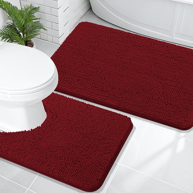 OLANLY Chenille Bathroom Rugs Mats Sets 2 Piece, 36"x24"+24"x20", Red | Soft Absorbent Bath Mat and U-Shaped Contour Toilet Rug Set, Quick Dry, Machine Washable Bath Carpet, Home Decor Accessories