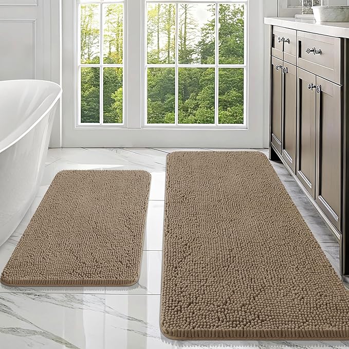 OLANLY Chenille Bathroom Rugs Mats Sets 2 Piece, 47"x20"+30"x20", Tan | Ultra Soft Absorbent Bath Rugs Set, Rubber Backing Non-Slip, Quick Dry, Machine Washable Bath Carpet, Home Decor Accessories
