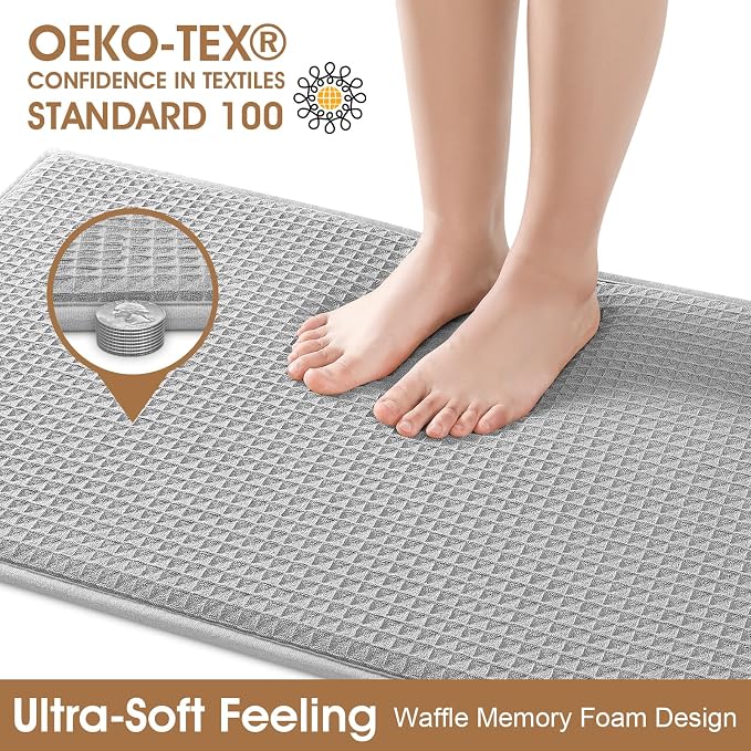 Memory Foam Bath Mat Set 3 Piece, Ultra Soft Absorbent Waffle Bathroom Rugs, Super Non-Slip PVC Backing Bath Rug Quick Dry, Machine Washable Rug for Tub, Shower, Home Decor Accessory, Light Gray