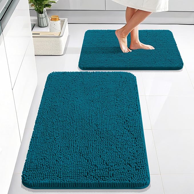 OLANLY Chenille Bathroom Rugs Sets 2 Piece, 30"x20"+24"x16", Peacock Blue | Ultra Soft Absorbent Bath Rugs Set, Rubber Backing Non-Slip, Quick Dry, Machine Washable Bath Carpet, Home Decor Accessories