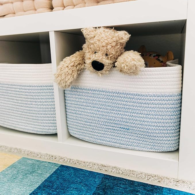 OrganiHaus Blue Cotton Rope Baskets for Shelves, Set of 3 - 15"×10"×9½" - Colorful Storage Baskets for Kids - Nursery, Playroom, Classroom - Toy Storage, Books, Towels