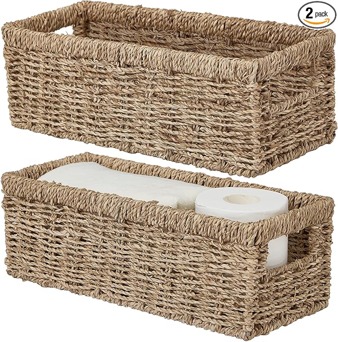 Vagusicc Wicker Storage Basket, Hand-Woven Seagrass Wicker Baskets with Handles, Toilet Paper Basket for Toilet Tank Top, Small Wicke Baskets for Organizing Shelves, 2-Pack, Seagrass