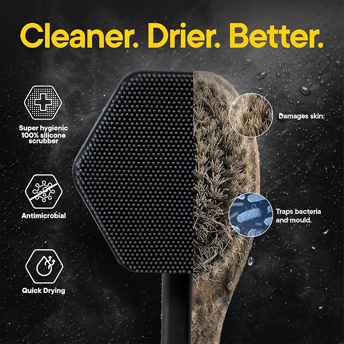 TOOLETRIES Silicone Back Scrubber with Hook, Exfoliating Body & Bath Brush, Long Ergonomic Handle, Non-Slip Grip for Hard-to-Reach Areas, Hygienic Silicone Bath Accessory for Men & Women - Charcoal