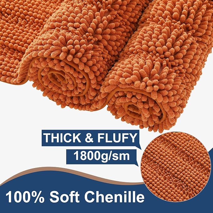 FLOLEOPA Non Slip Thick Shaggy Chenille Burnt Orange Bathroom Rug Sets 2 Piece, Thickened Hot Melt Rubber Bottom Bath Mats for Bathroom, Rugs Quick Dry Machine Washable Shower Mat