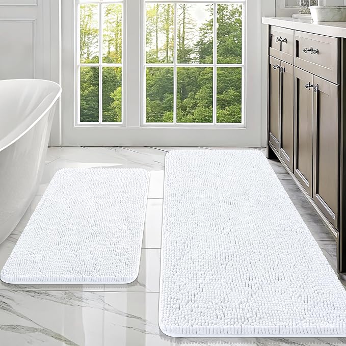OLANLY Chenille Bathroom Rugs Mats Sets 2 Piece, 47"x20"+30"x20", White | Ultra Soft Absorbent Bath Rugs Set, Rubber Backing Non-Slip, Quick Dry, Machine Washable Bath Carpet, Home Decor Accessories