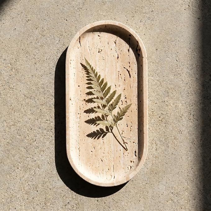 YKAJO Yellow Travertine Oval Marble Tray, 9.8x4.7 Vanity Perfume Organizer | Honed natural stone; jewelry & trinket dish, ring & key holder, soap & candle catchall; bath counter, dresser, coffee table