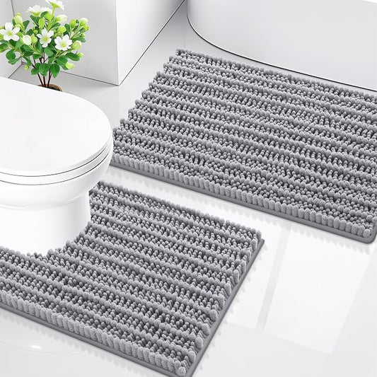 Smiry Bathroom Rugs Sets 2 Piece (30x20+24x20), Extra Soft Bath Mats | Grey Soft Absorbent, Rubber Backing Machine Washable Quick Dry Chenille Bath Rug Set for Tub, Shower, and Floor