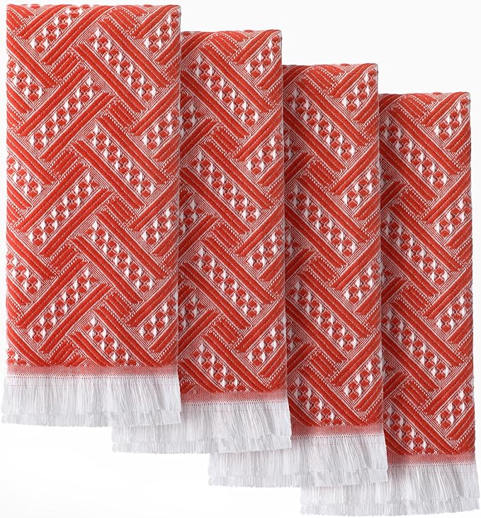 HunnmingRe 4 Pack Boho Hand Towel for Bathroom Kitchen 14x30 Inch 100% Turkish Cotton Summer Boho Decorative Towel Waffle Farmhouse Bathroom Decor Absorbent Soft Guest Gift(Red Orange,White)