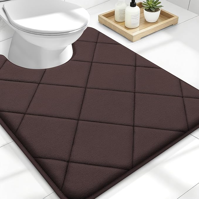 OLANLY Memory Foam Toilet Rugs U-Shaped 24x20, Ultra Soft and Absorbent | Brown, Quick Dry Commode Contour Rugs, Machine Washable, Comfortable Bathroom Contour Bath Mats for Toilet Base