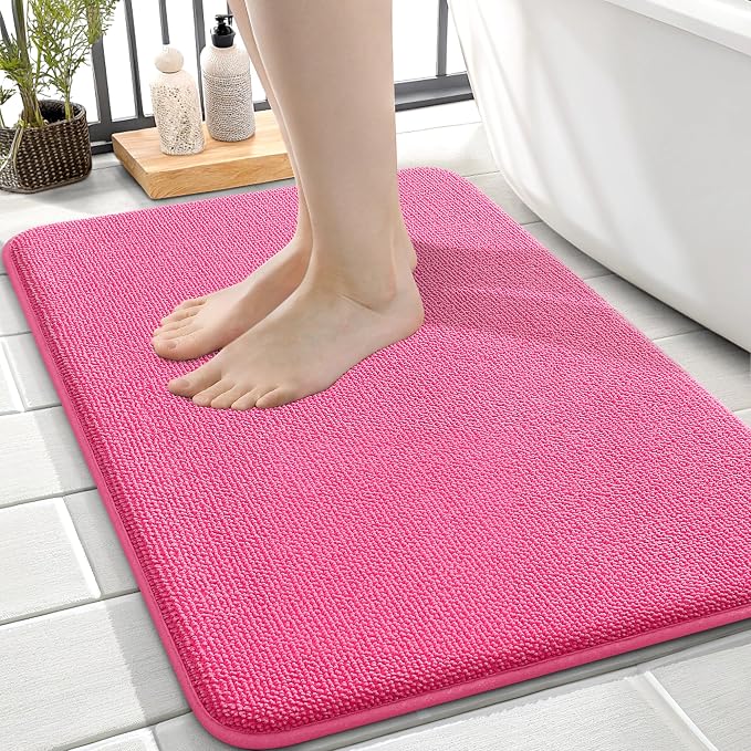 OLANLY Memory Foam Small Bathroom Rugs 24x16, Absorbent Bath Mat, Hot Pink | Soft Quick Dry Bath Rugs, Non-Slip Carpet, Machine Washable Mat for Bathroom Floor, Tub and Shower, Home Decor Accessories