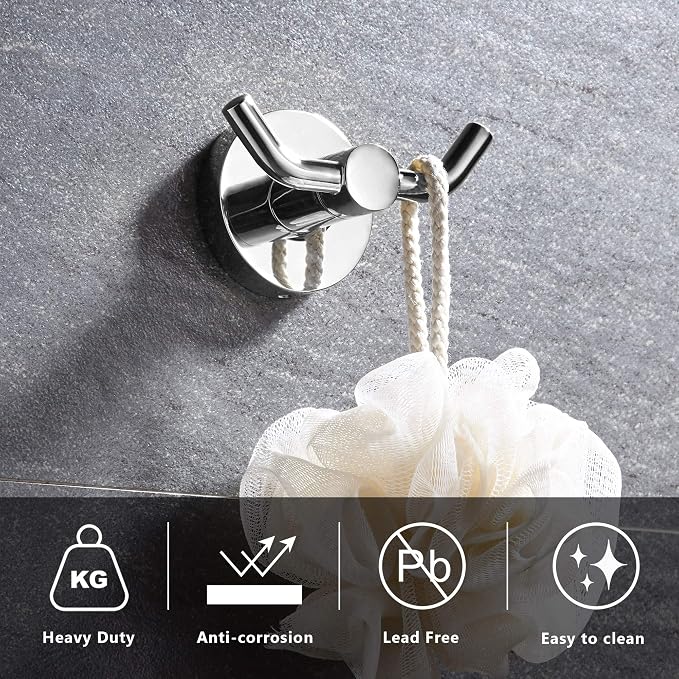 MARMOLUX ACC - 2pack Chrome Bathroom Hooks for Towels | Modern Double Towel Hook Design Ideal for use as Robe & Towel, for Shower Wall or Kitchen - Over Door - Adhesive