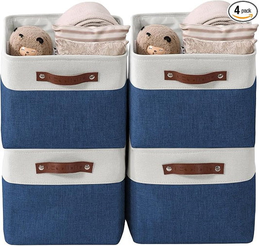 DECOMOMO Storage Bins, Large Fabric Storage Baskets for Shelves, Decorative Linen Closet Organizer, 15 x 11 x 9.5 inches (Navy Blue & White, 4 Pack)