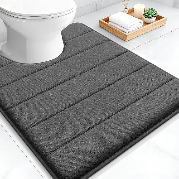 OLANLY Memory Foam Toilet Rugs U Shaped 24x20, Super Soft and Absorbent | Black, Quick Dry Commode Contour Bath Rugs, Machine Washable Toilet Mat, Comfortable Bathmat Carpet for Bathroom Floor