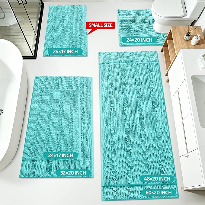 ACCUMTEK Striped Teal Green Bathroom Rug Set 3 Pieces Ultra Soft, Non Slip Chenille Toilet Mat, Absorbent Plush Shaggy Bath Mats for Bathroom, Bedroom, Kitchen, Turquoise