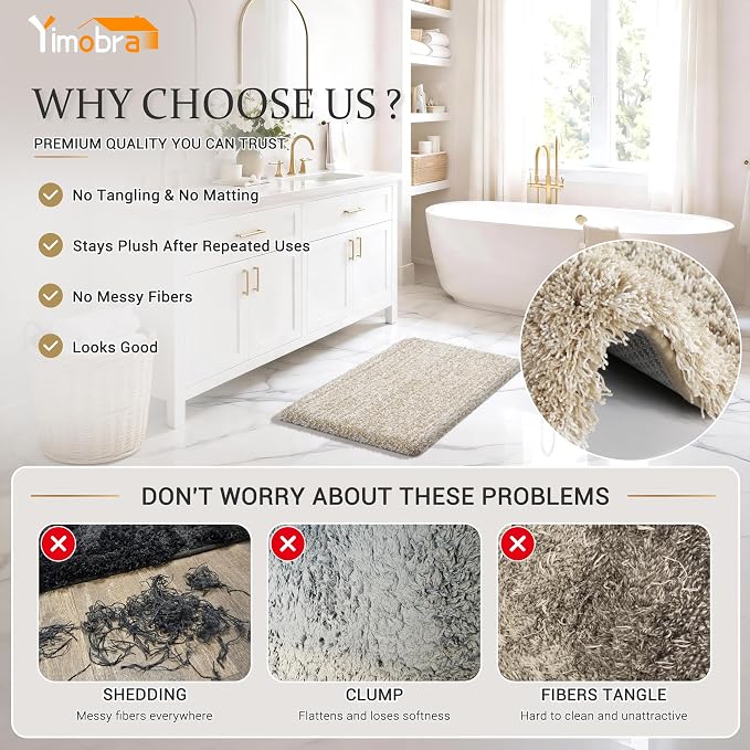 Yimobra Luxury Bathroom Rugs, Fluffy Bath Mats, Non Slip, Water Absorbent Microfiber, Machine Washable, Plush Runner Shower Rugs, Thick Matts for Bathroom Floor/Tub, 60" X 24", Light Beige and White