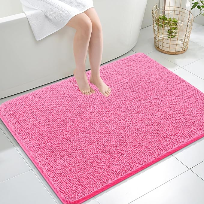 OLANLY Large Bathroom Rugs 40x32, Extra Soft Absorbent Chenille Bath Rugs | Hot Pink, Quick-Drying Rubber Backing, Machine Washable Bath Mat for Bathroom Floor, Tub and Shower, Home Decor Accessories