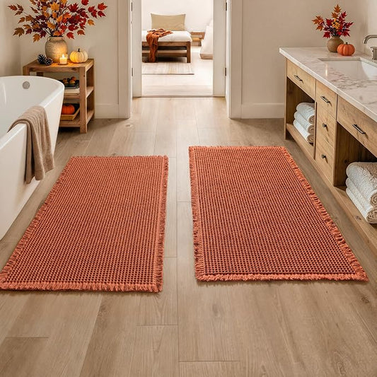 MIULEE Fall Orange Set of 2 Waffle Bathroom Runner Rugs 2'x4'(24"x48") | Non Slip, Super Absorbent, Washable, Ultra Soft, Boho Bath Mats for Bathroom Hallway Bedroom Laundry Room Kitchen