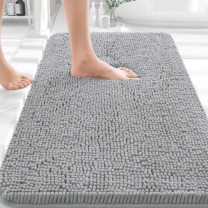 OLANLY Bathroom Rugs 35x24, Extra Soft Absorbent Chenille Bath Rugs | Light Grey, Quick-Drying Rubber Backing, Machine Washable Bath Mat for Bathroom Floor, Tub and Shower, Home Decor Accessories