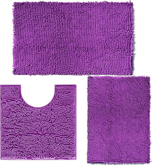 RUN HELIX Purple Bathroom Rugs Sets 3 Piece Non Slip Extra Absorbent Shaggy Chenille Bathroom Rugs and Mats Sets, Soft & Dry Bath Rug/Mat Set for Bathoom Mats