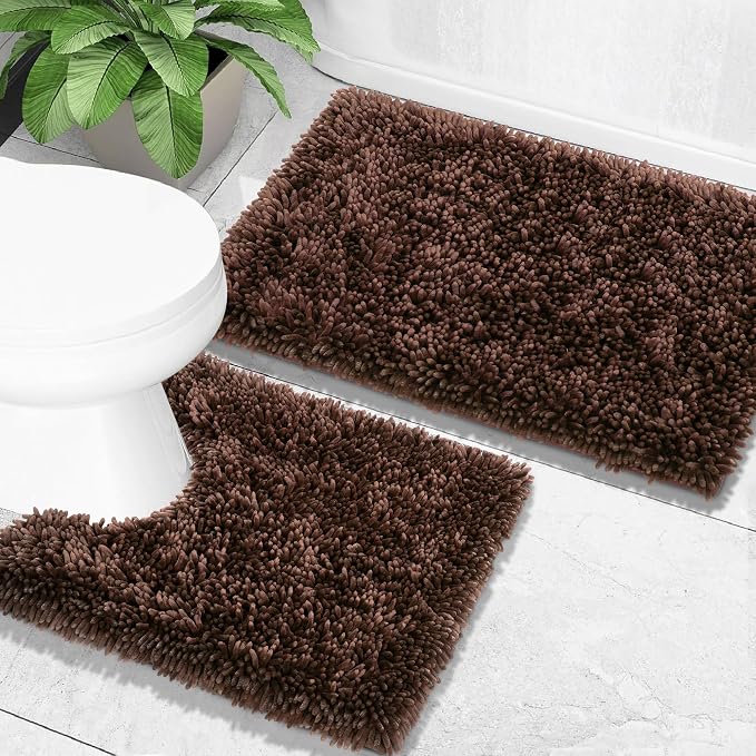 Yimobra Bathroom Rugs Sets 2 Piece, Soft Absorbent Bath Mat and U-Shaped Toilet Rug with Non Slip Backing, Luxury Shaggy Bath Mats for Bathroom, Machine Washable, 31.5"x20"+24"x20", Brown