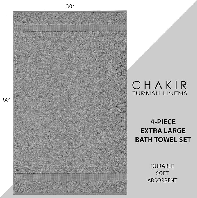 Chakir Turkish Linens 100% Cotton 4-Pack Bath Towels 30x60, Gray | 100% cotton bath towels, 30x60 extra large, OEKO-TEX certified, soft plush and absorbent
