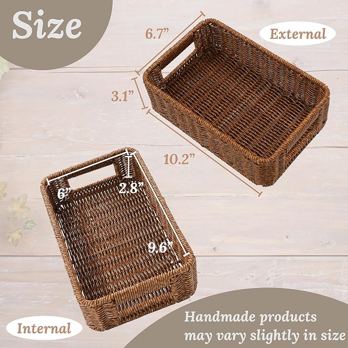 WeeNest Baskets for Organizing, Small Wicker, Storage Bins for Bathroom and Toilet Paper Rolls, Hand Woven Tank Topper with Handle, Set of 2, Toffee