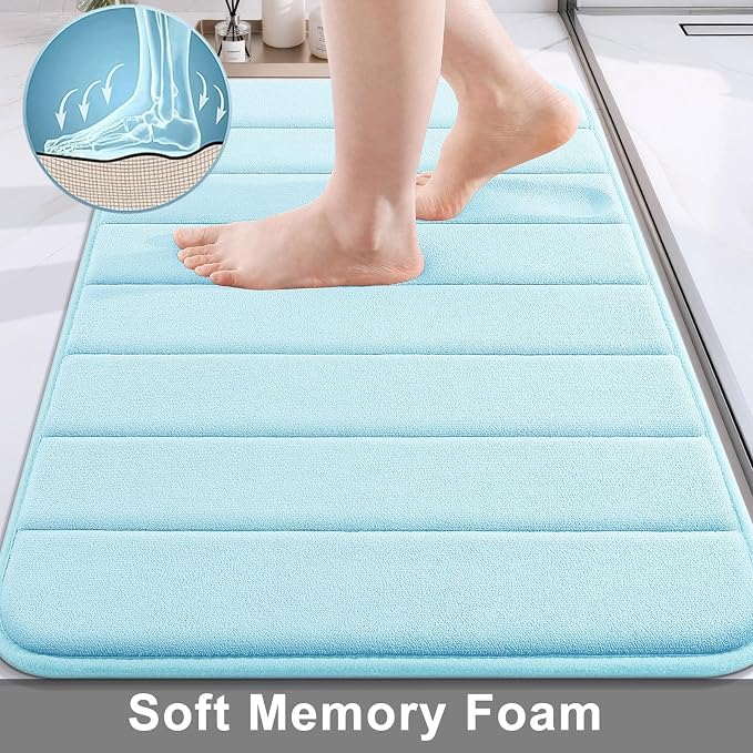 Buganda Memory Foam Bath Mat 47 x 24, Ultra Soft Absorbent Bathroom Rugs | Light Blue, Machine Washable Quick Dry Bath Mats for Bathroom Floor, Shower and Tub, Home Decor Accessories