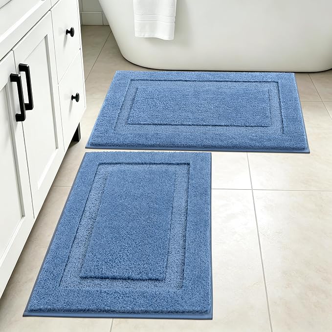 SHACOS Soft Microfiber Blue Bathroom Rugs Sets 2 Pieces 32x20 inch | Absorbent Plush Bath Rugs, Non Slip Washable Shaggy Bath Mats, Fluffy Bathroom Runner Floor Mats Shower Rug