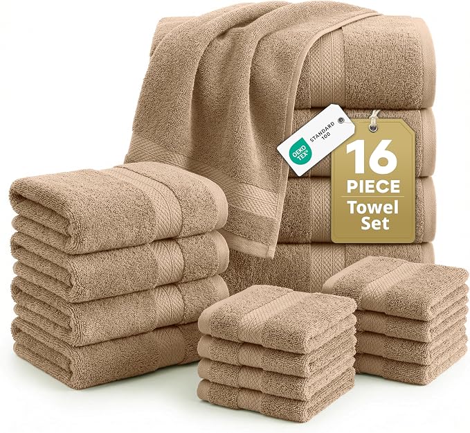 LANE LINEN Towel Set Quick Dry 100% Cotton 16 Piece Soft Absorbent - Taupe | Towels And Washcloths - Ring-Spun Durability, Terry Weave Comfort, Soft & Long-Lasting, Easy-Care