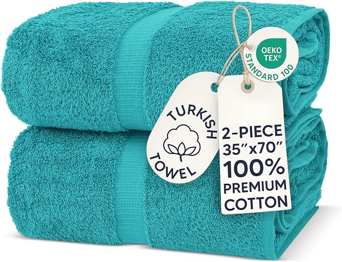 Chakir Turkish Linens 100% Cotton 2-Pack Bath Sheets 35x70, Aqua | 100% cotton bath sheets, 35x70 oversized, OEKO-TEX certified, soft plush and absorbent