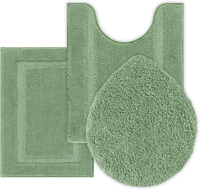 SHACOS Microfiber Bathroom Rugs Set of 3 with Toilet Lid Cover Non Slip | Washable Bath Mat Absorbent Bathroom Carpet 16"x24"+U Shape Toilet Rug 20"x24"+Toilet Lid Cover 19"x21", Sage Green
